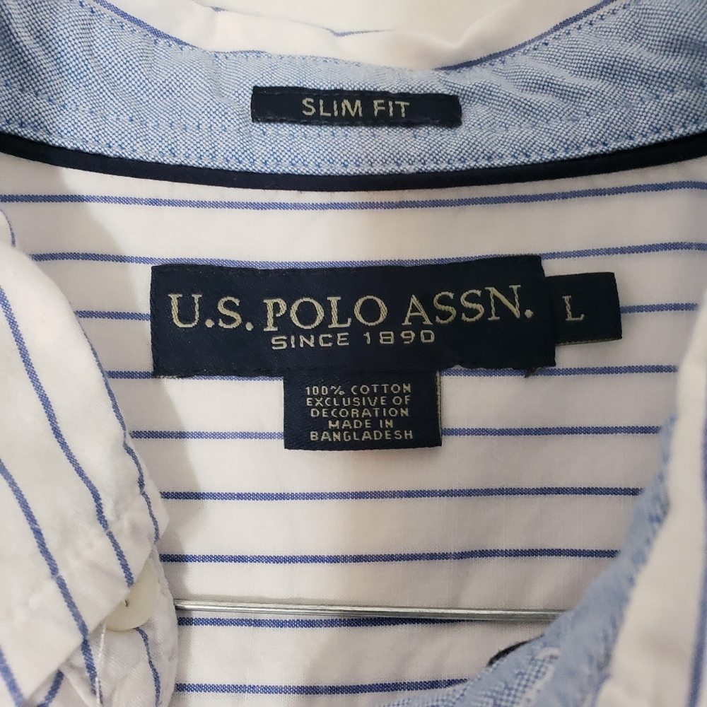 US polo assn long sleeve button down shirt Mens large slim fit blue pin strip - Picture 2 of 5